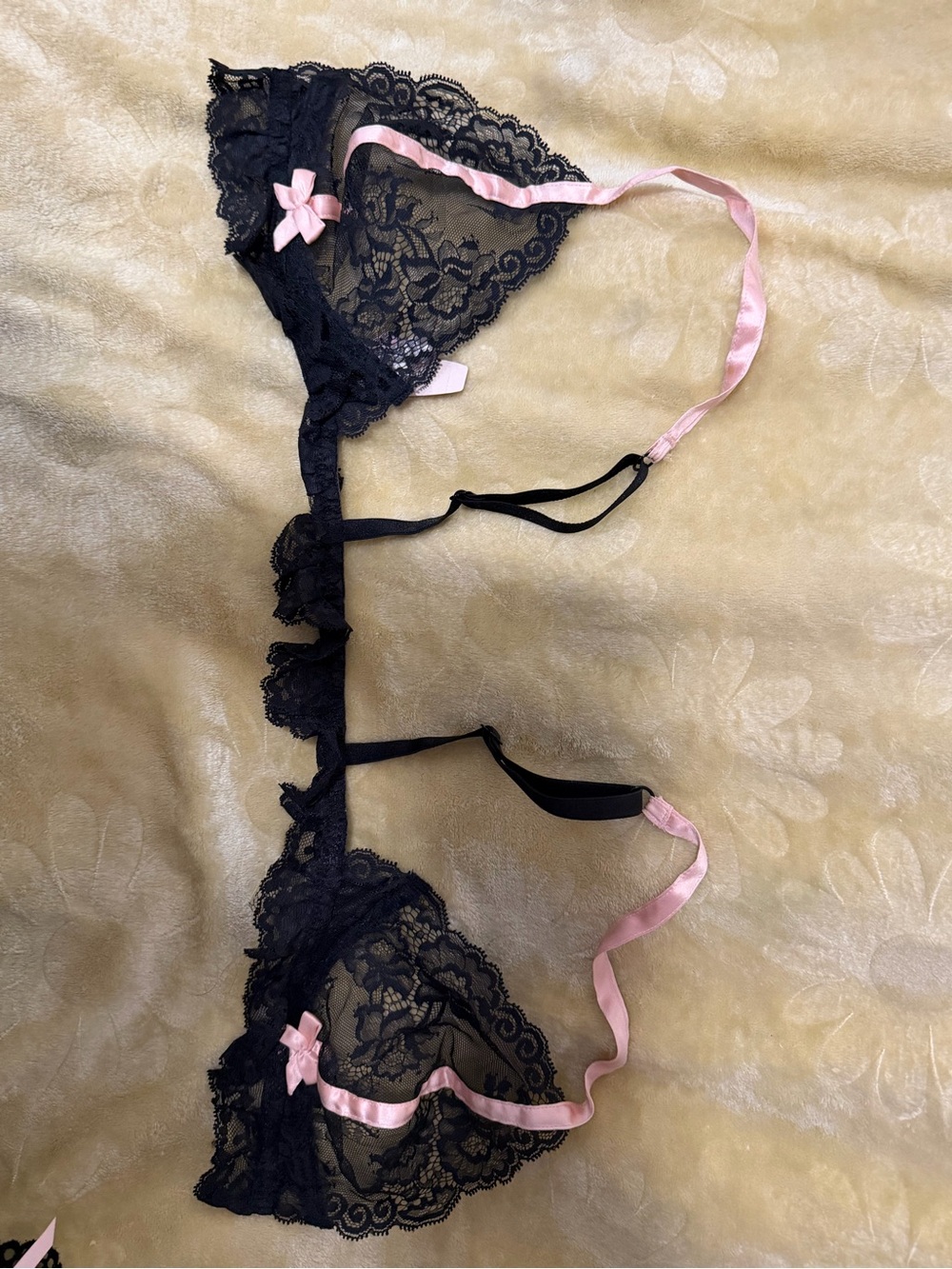 Victoria's Secret Black Lace Bralette with Pink Ribbon Accents